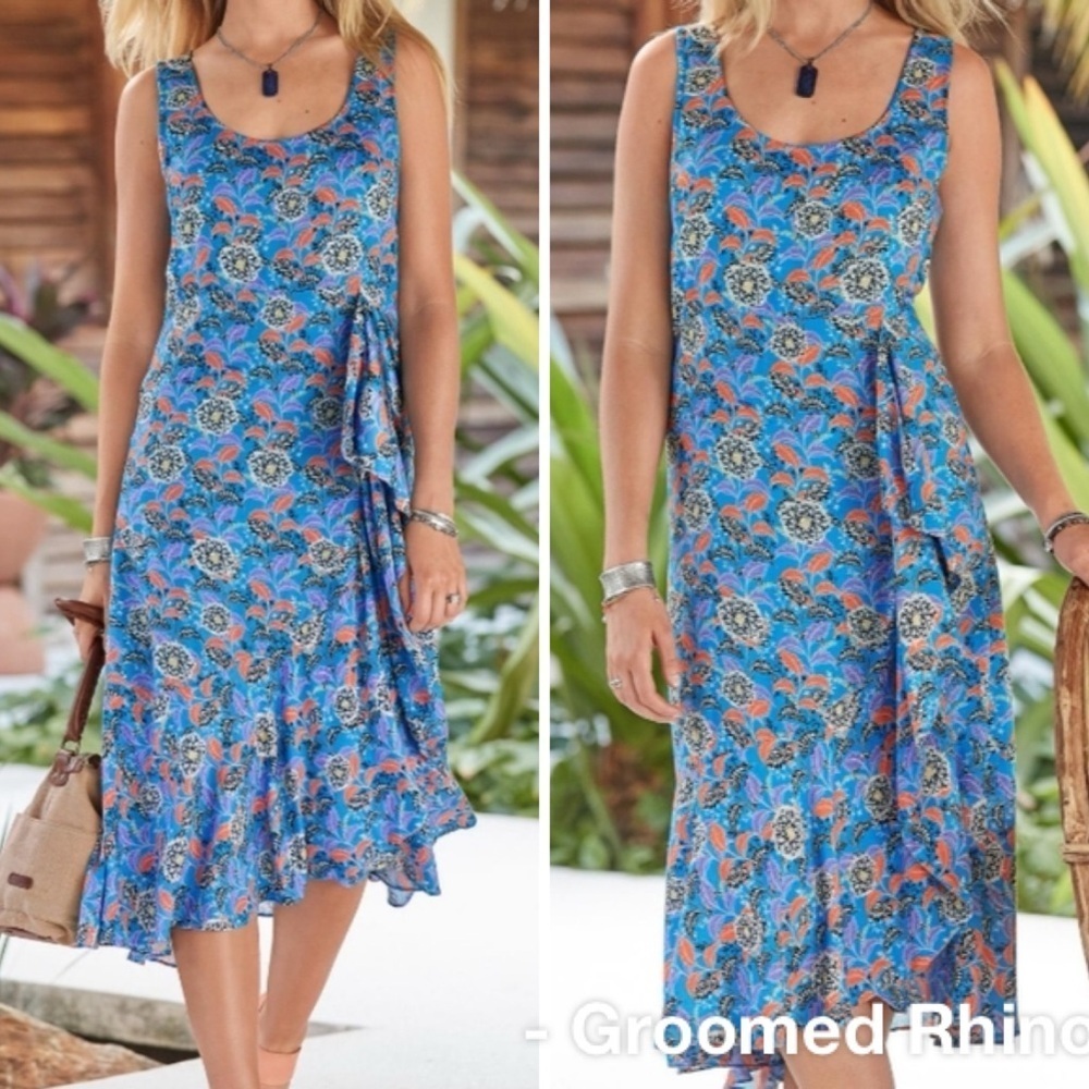 Sundance Floral Cascading Dreams Asymmetrical Ruffle Dress Size L